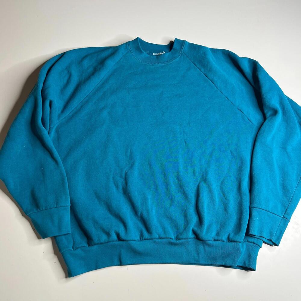 Vintage 90s Teal Blue Crewneck Sweatshirt Pullover Blank XL Large‎ Heavy Cotton